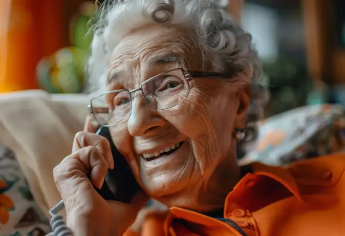 Eine ältere Frau lächelt, während sie am Telefon spricht.