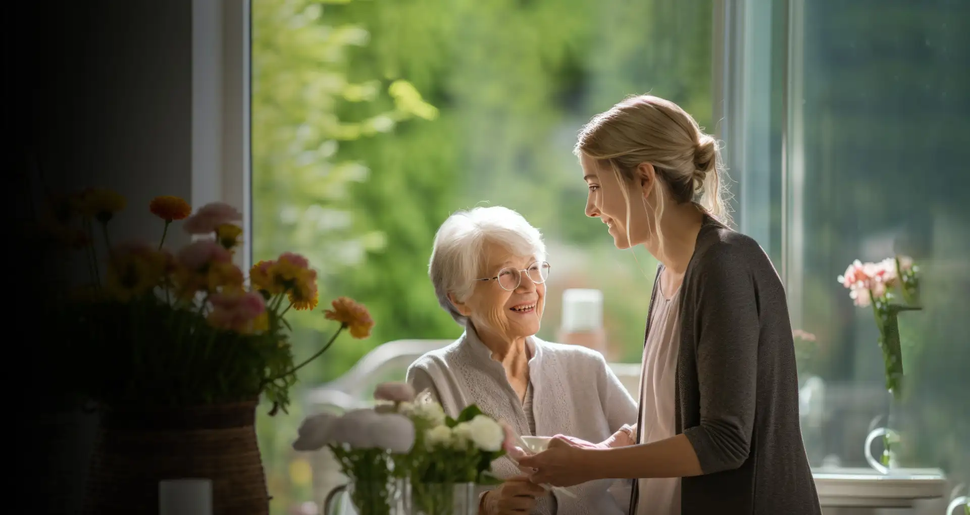 Eine Frau spricht mit einer älteren Frau in einem Raum. Beide wirken engagiert und aufmerksam im Gespräch.