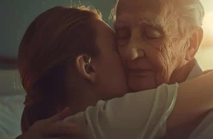 Eine junge Frau umarmt ihren Opa liebevoll.