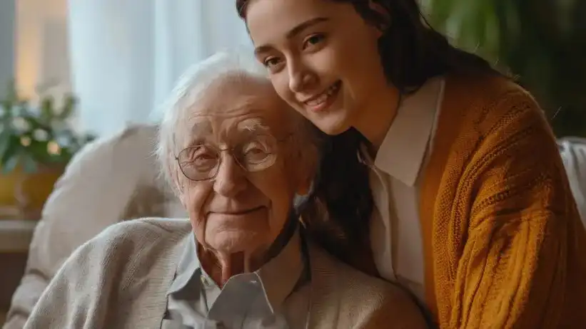 Eine junge Frau umarmt einen älteren Mann liebevoll.